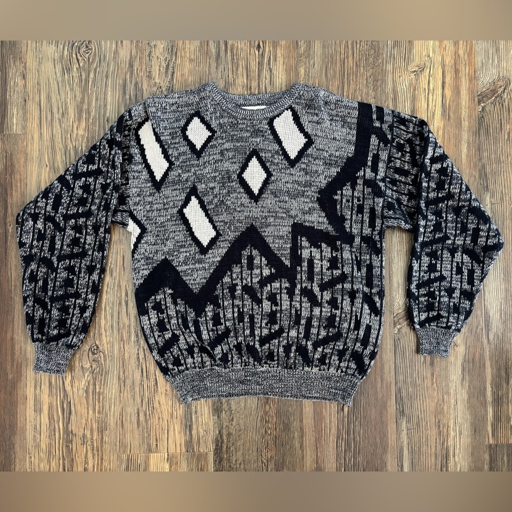 Vtg Jed Knit Crew Neck Sweater Mens L Navy Blue White Abstract Grandpa Eclectic